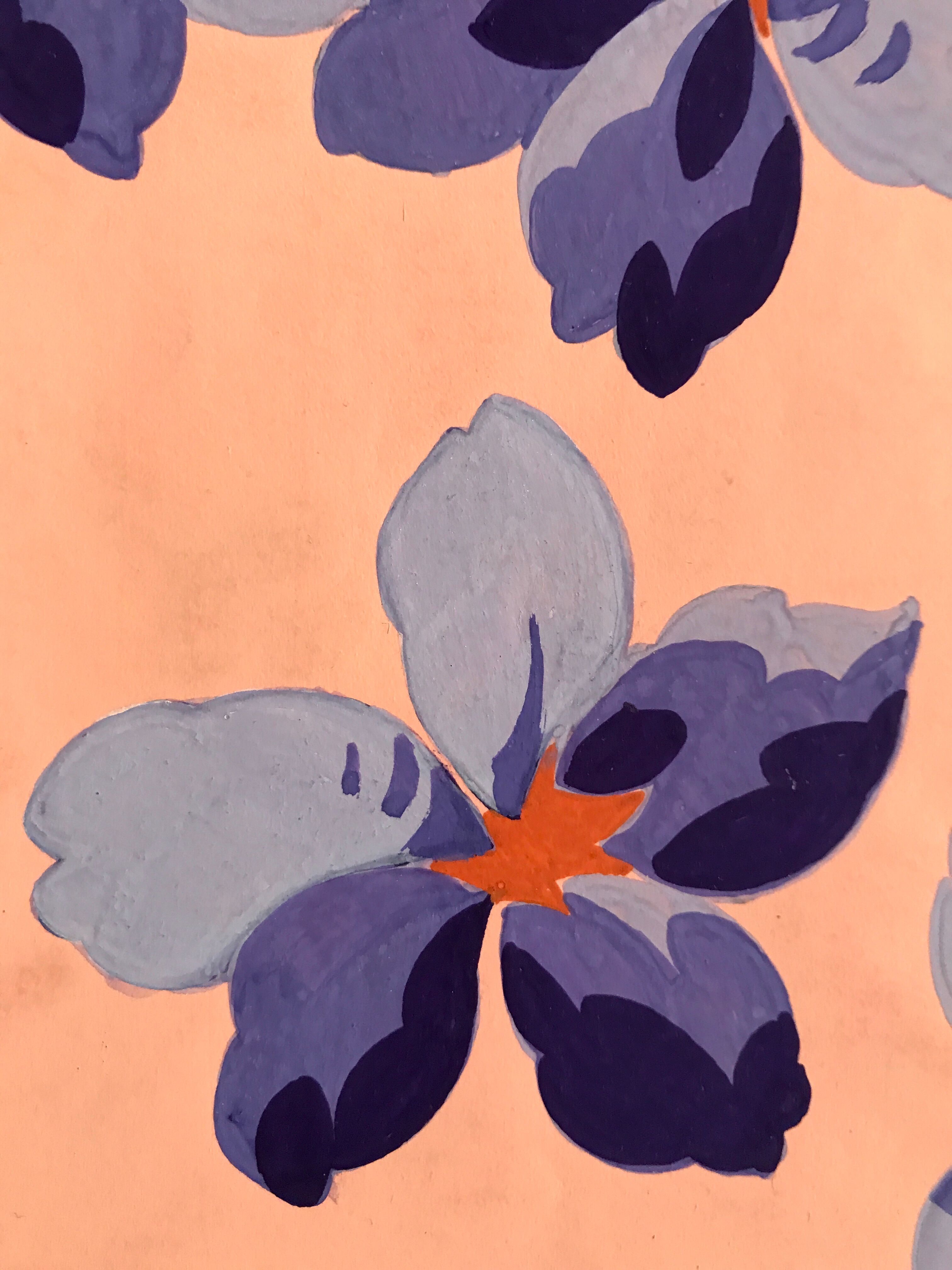 Original gouache on paper from Editions JEHLEM, floral decoration (purple), twentieth century, Paris