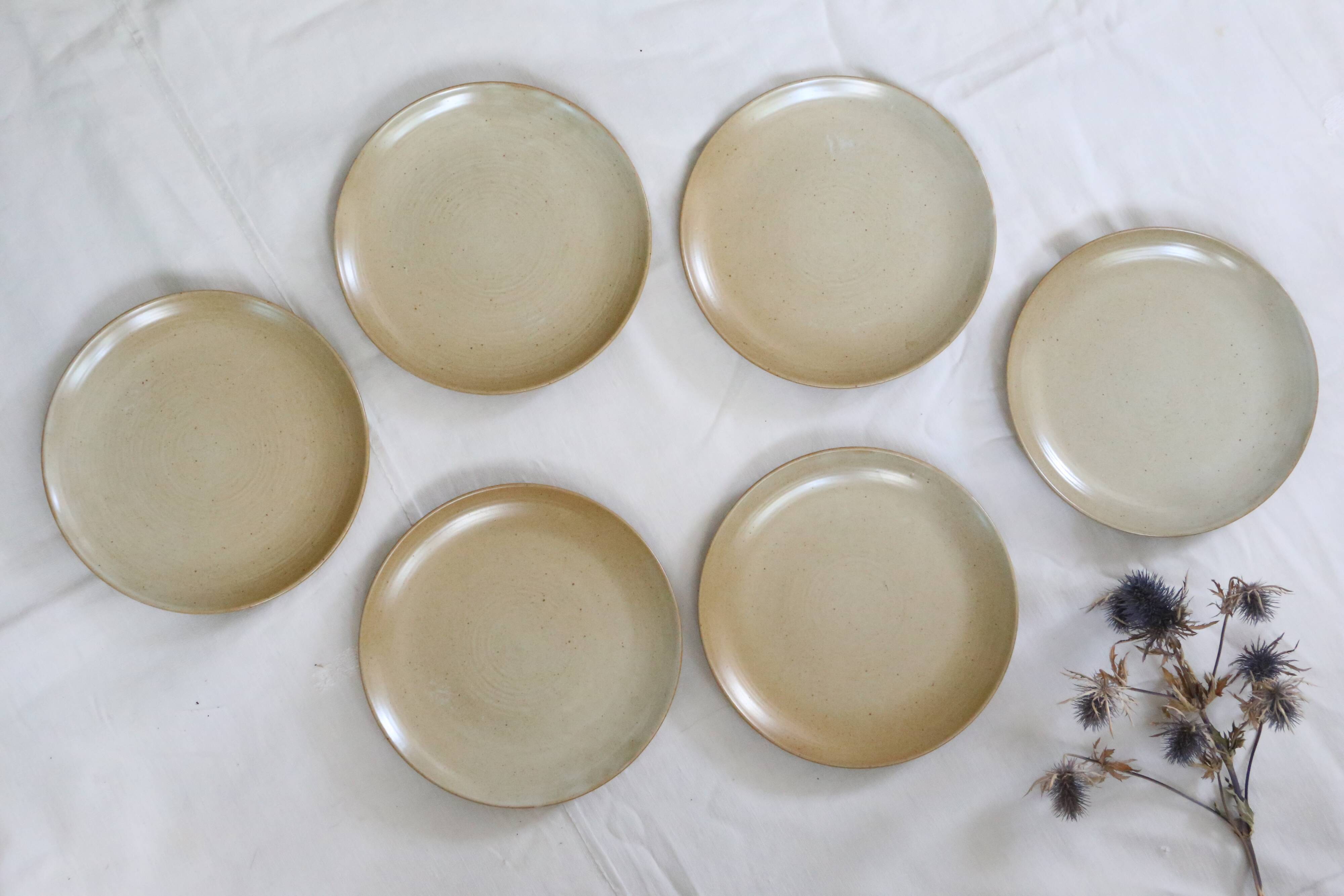 Set of 6 flat plates in sandstone, Sandstone village, vintage French