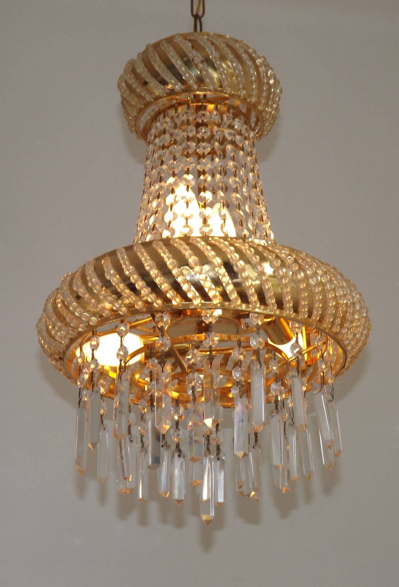 Vintage Gold Metal 5-Light Chandelier – Crystal Beads & Glass Prisms