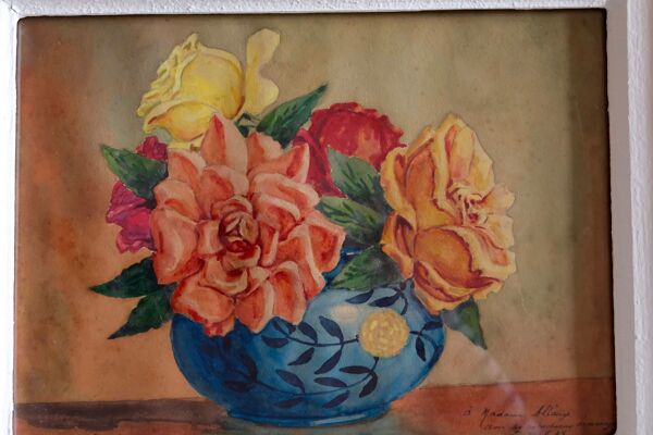 Tableau bouquet de fleurs,  aquarelle 1945, daté, signé et dédicacé