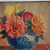 Tableau bouquet de fleurs,  aquarelle 1945, daté, signé et dédicacé