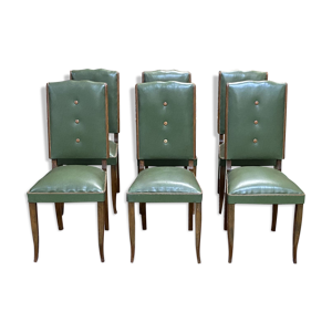 Suite de 6 chaises art déco en hêtre et skaï