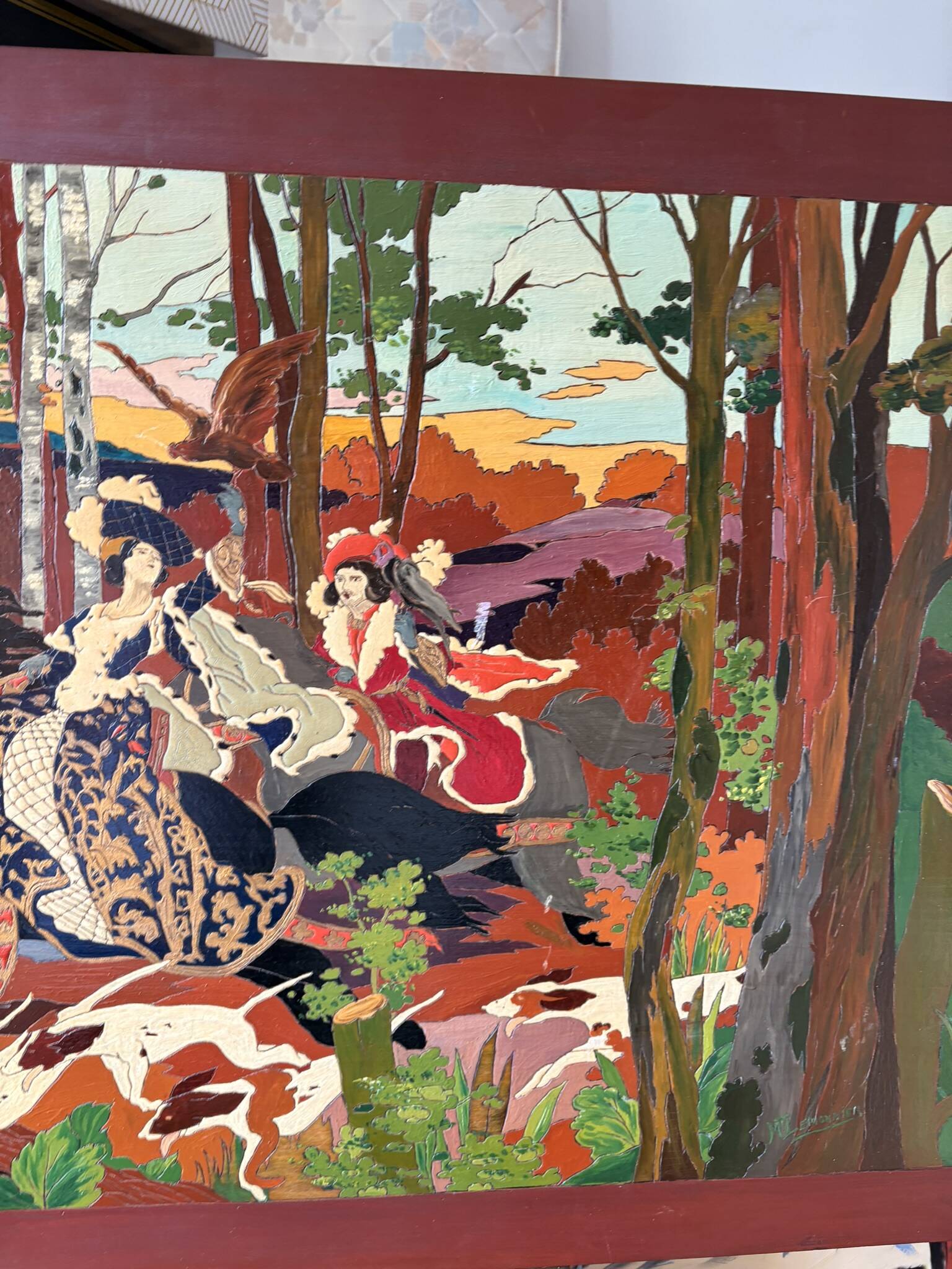 Table Painting Wood Carving Hunting Scene Dog Signed 130x70