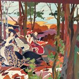 Table Painting Wood Carving Hunting Scene Dog Signed 130x70