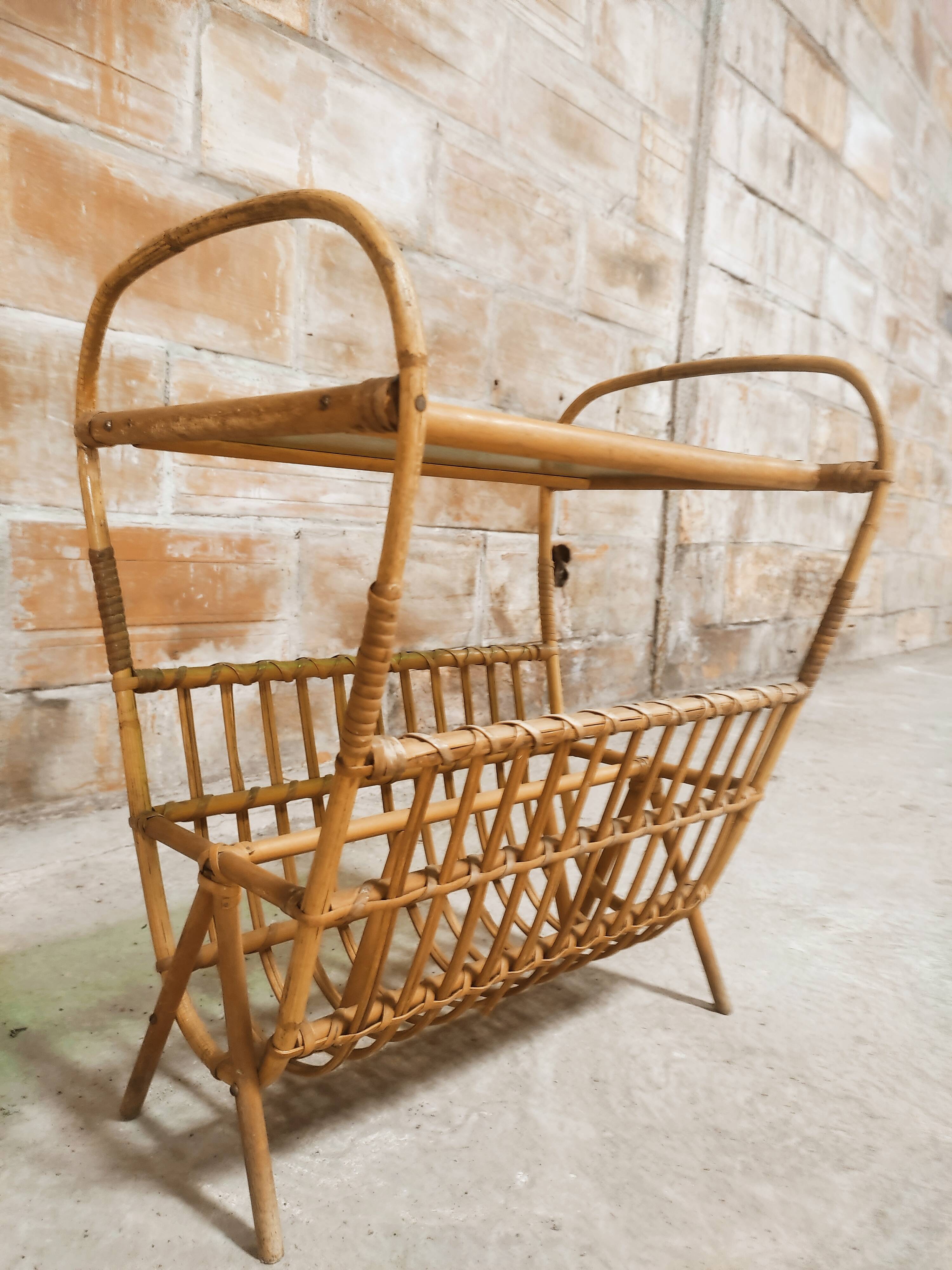 Rattan magazine holder, glass top