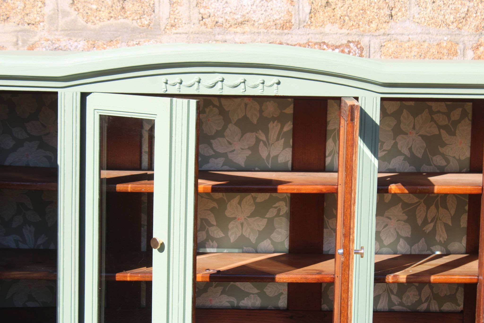 Renovated vintage sage green enfilade – wooden legs & bevelled display cabinets