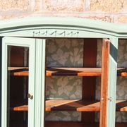 Renovated vintage sage green enfilade – wooden legs & bevelled display cabinets