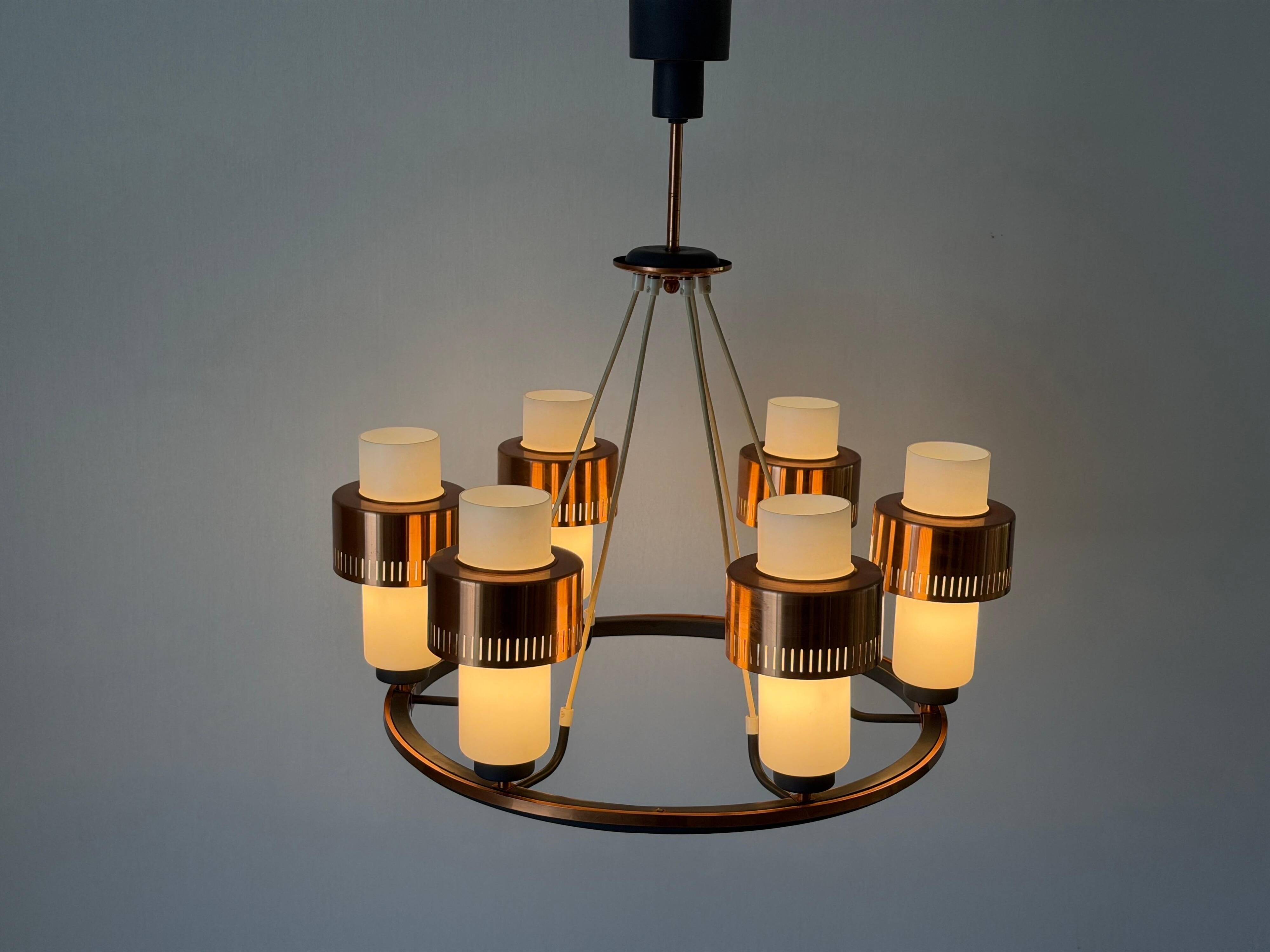 Large ceiling light with 6 arms in copper metal and glass, 1960s, Germany