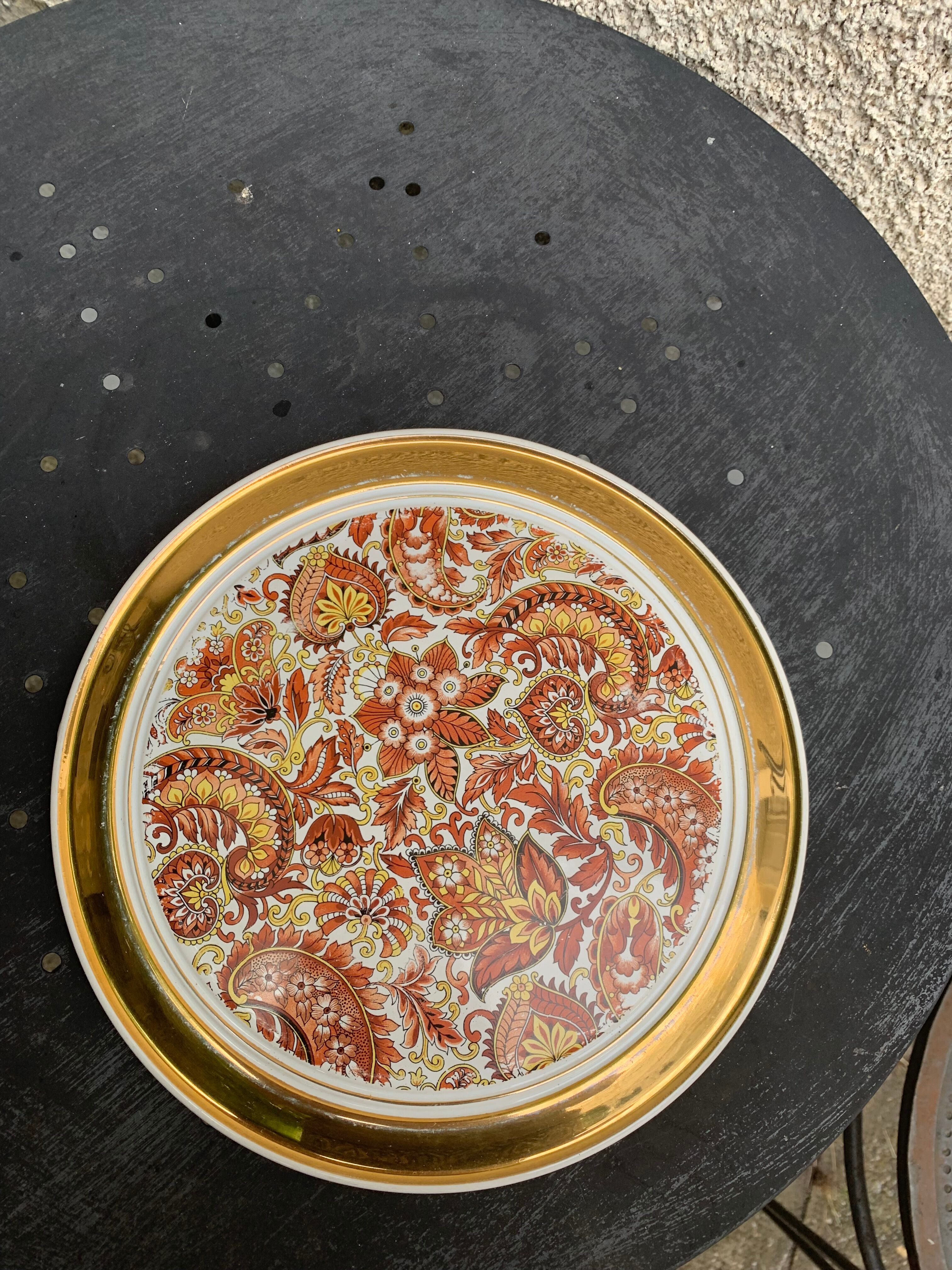 Faience trivet, cashmere pattern centerpiece, vintage 1960, stamp B france