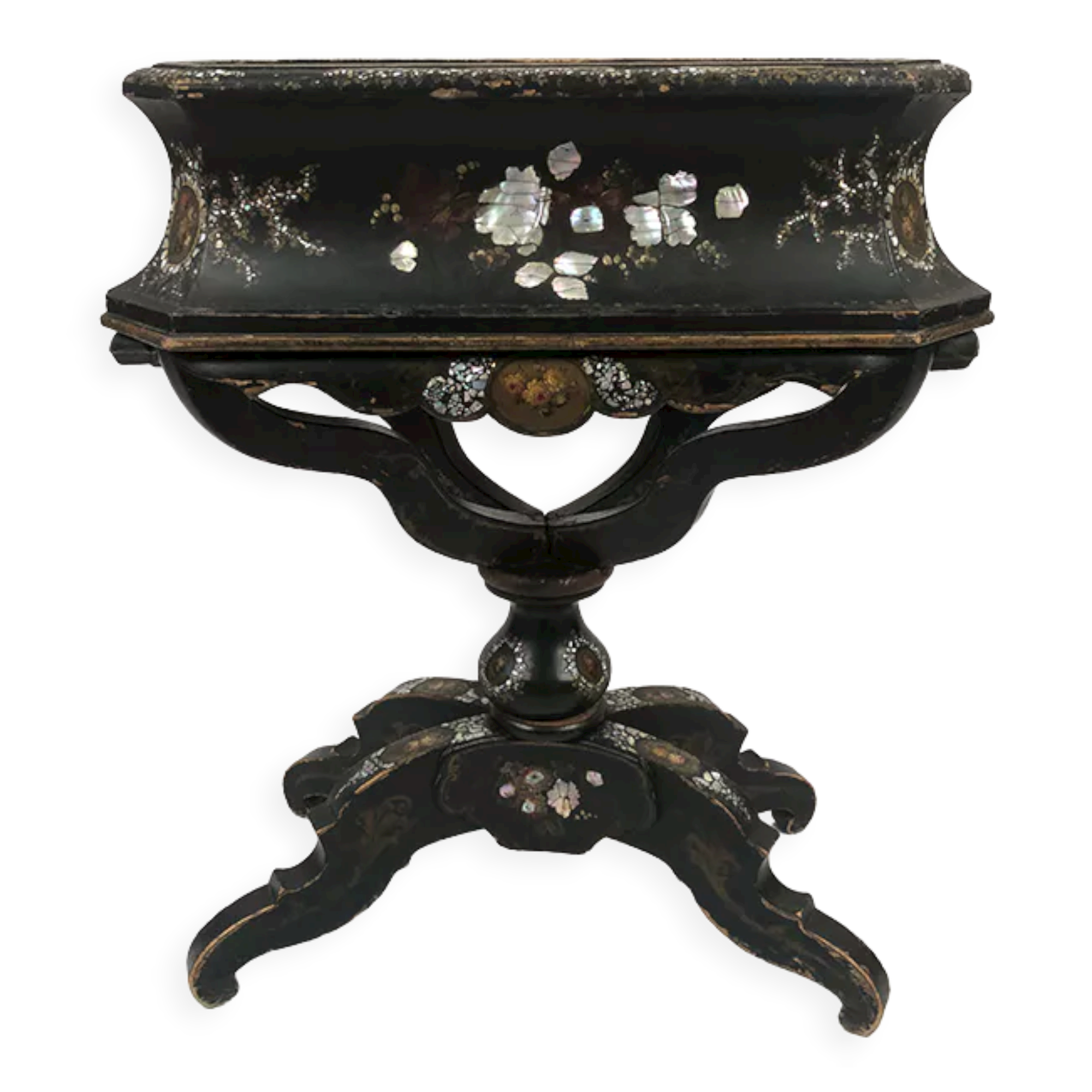 Blackened wooden planter decorated with flowers in medallions and mother-of-pearl burgauty, Napoleon III