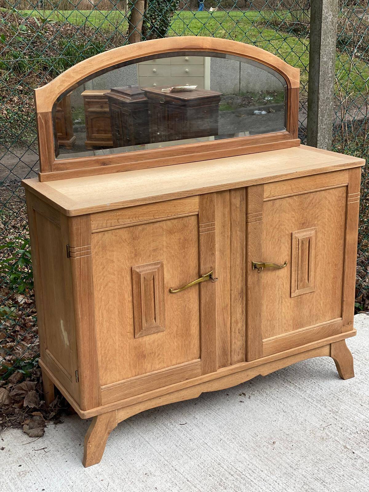 Art Deco mirror in carved arch renovated in solid raw oak wood 112cm