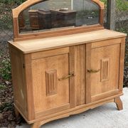 Art Deco mirror in carved arch renovated in solid raw oak wood 112cm