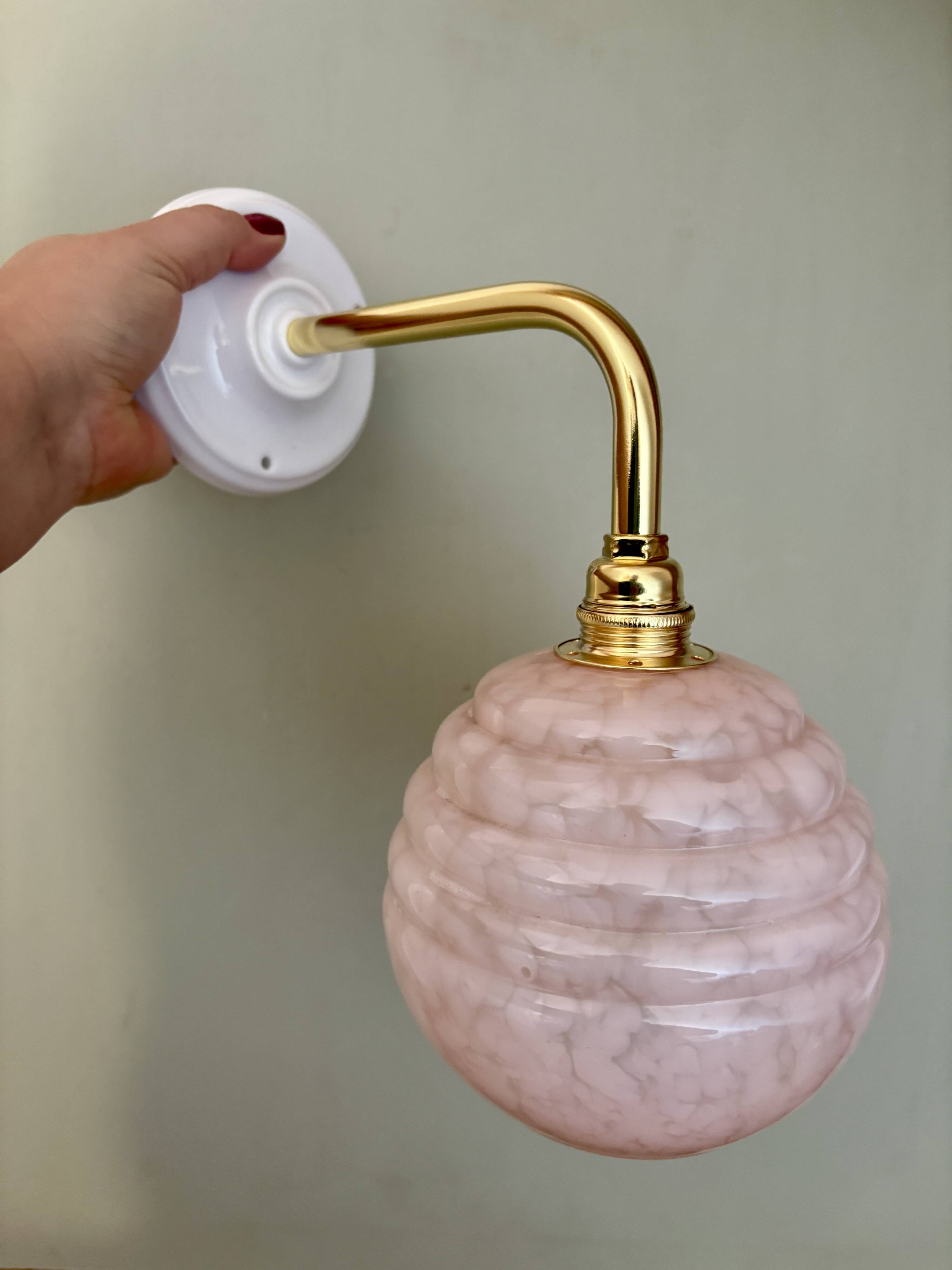 Vintage angled globe wall light in pink Clichy glass
