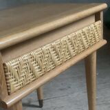 Vintage oak and rattan bedside table