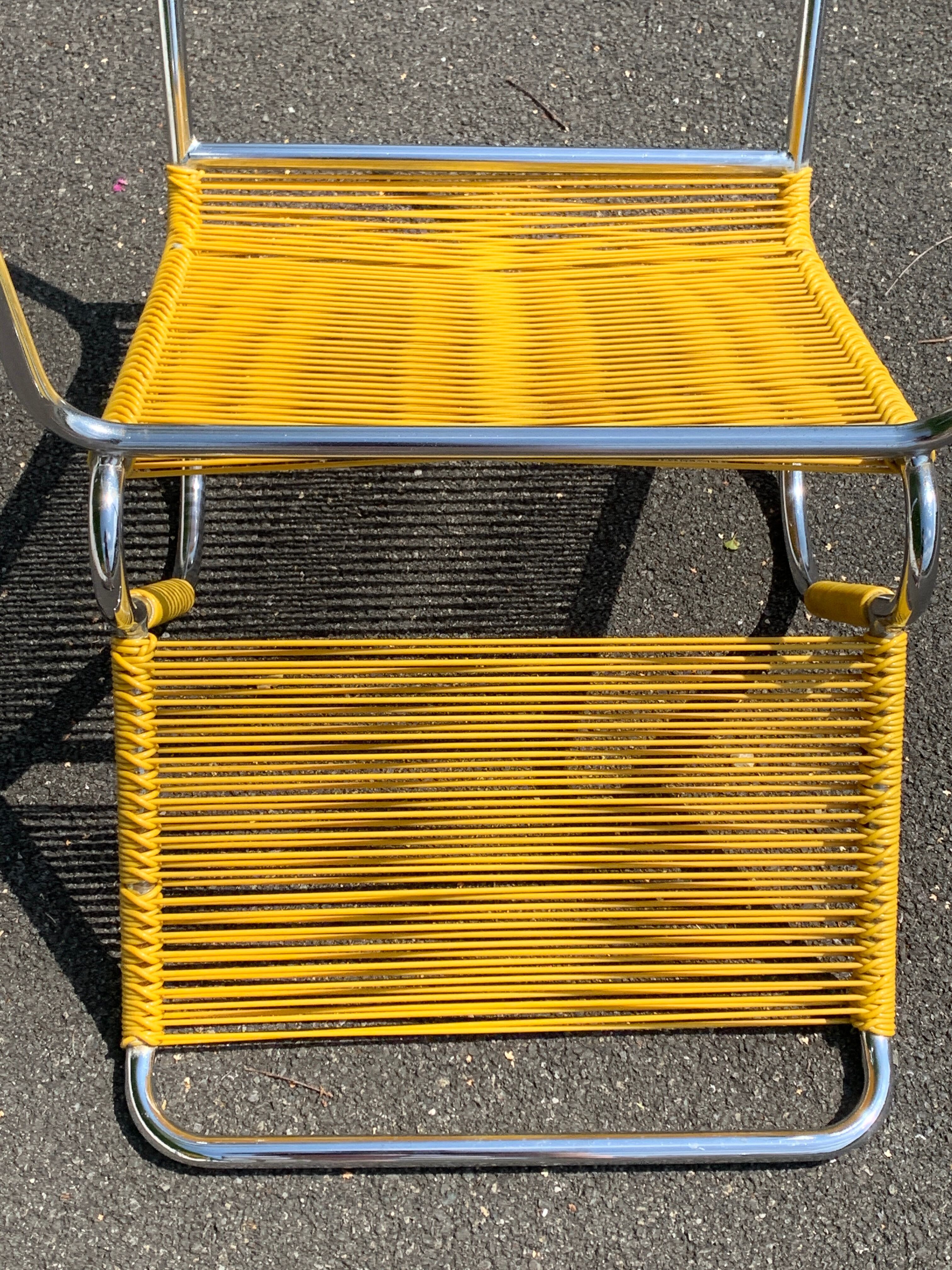 6 yellow and stackable armchairs, scoubidou by Dupré Perrin