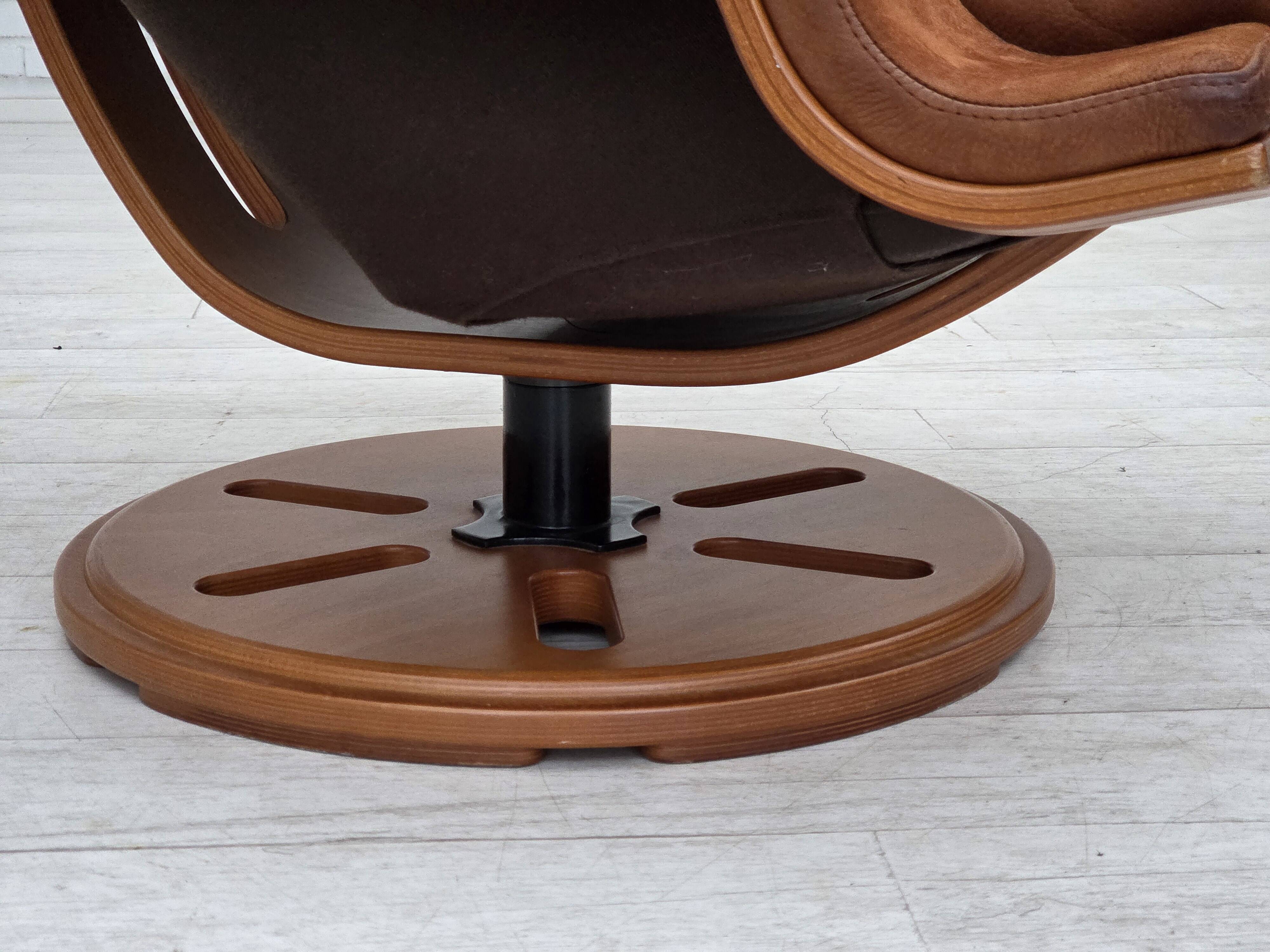 1980s, Swedish swivel armchair, nubuck leather, canvas, bent beech wood.