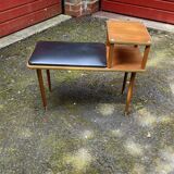 Vintage teak bench with black vinyl seat, 1960s, Czech Republic.