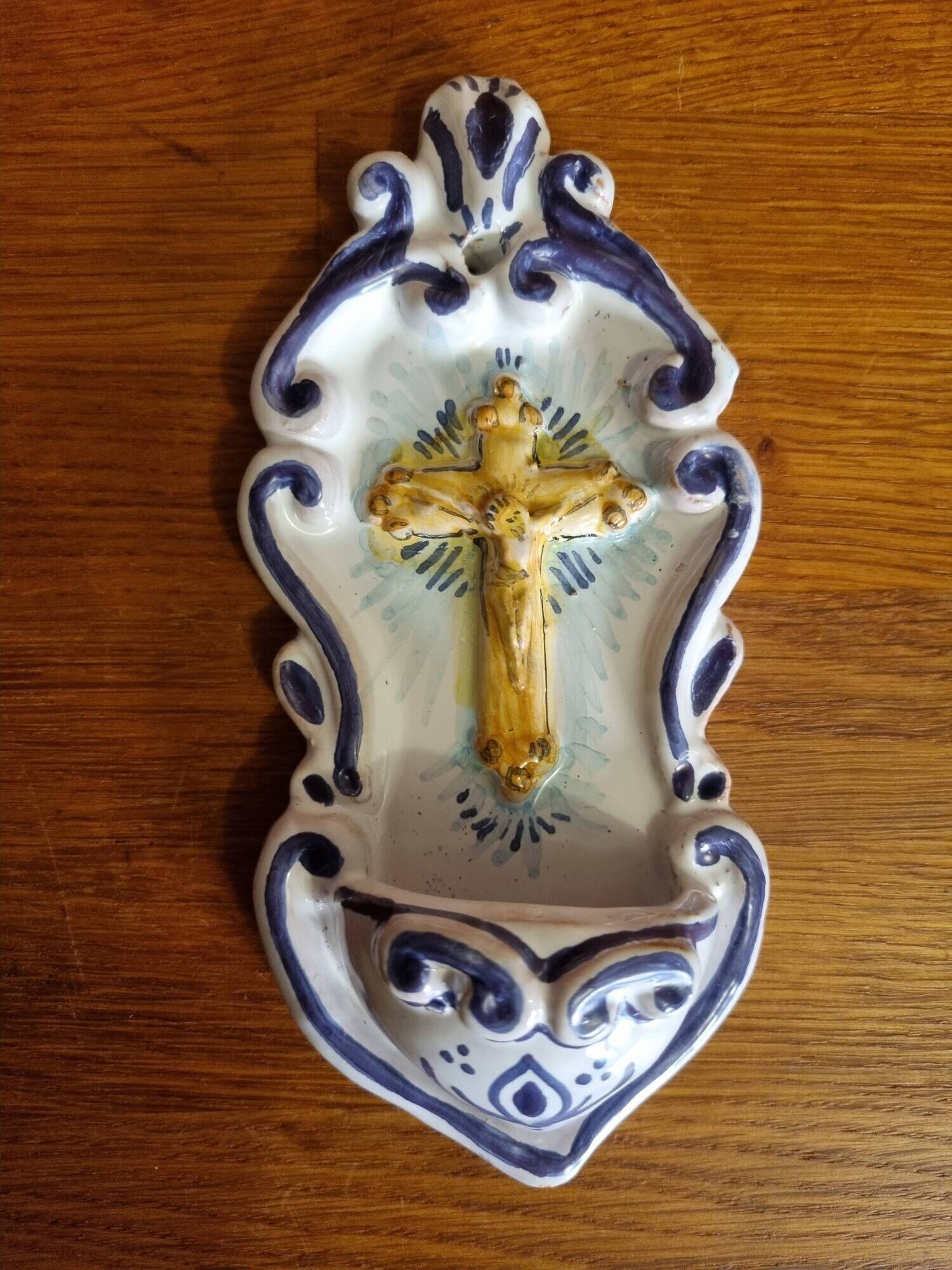 Antique enamelled faience holy water font with crucifix by Famulari Santo Stefeno.