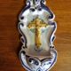 Antique enamelled faience holy water font with crucifix by Famulari Santo Stefeno.