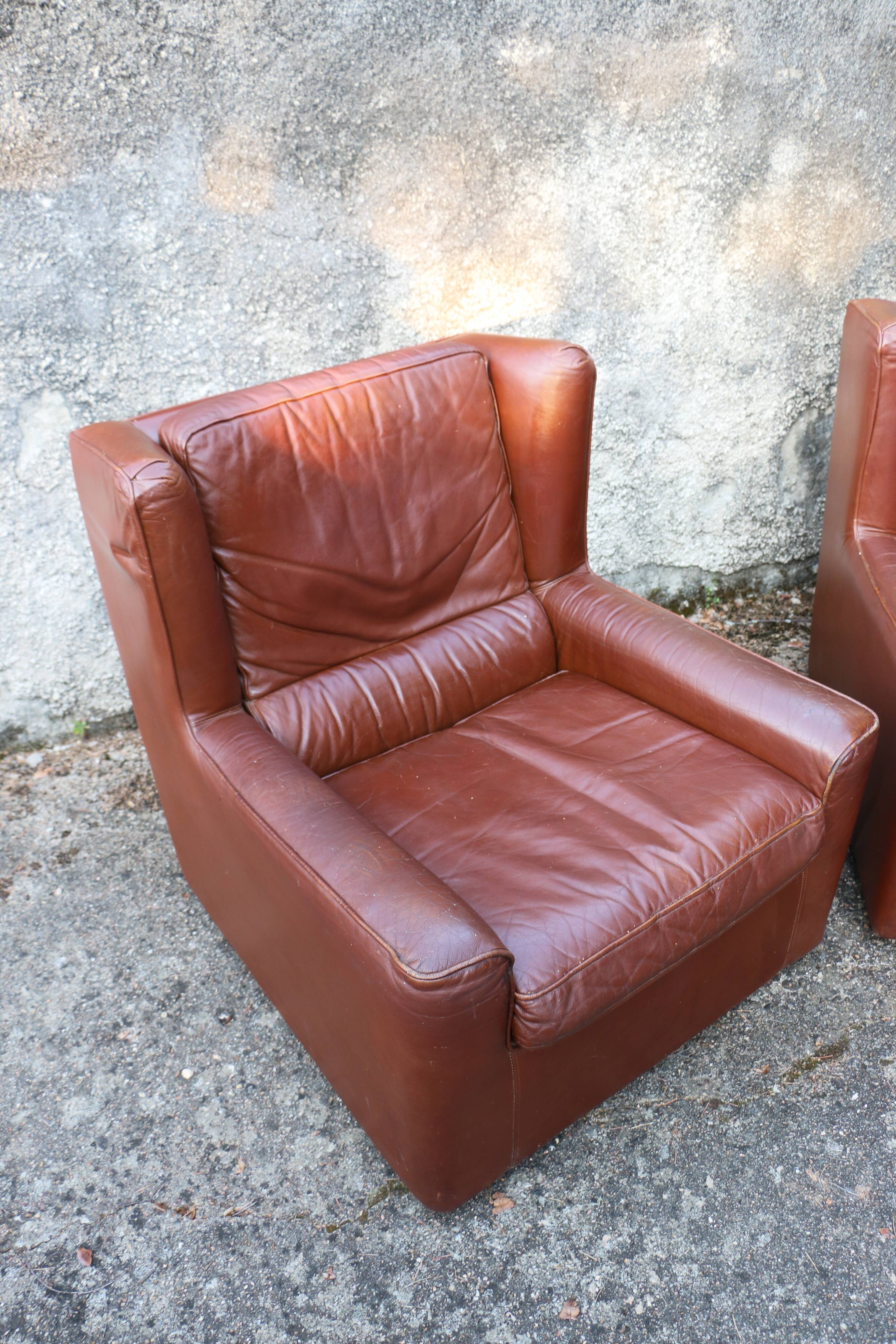Pair of armchairs with very soft leather ears 80s