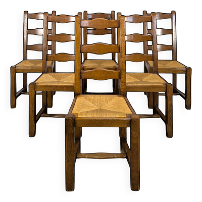 Série de 6 chaises paillées rustiques en chêne