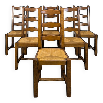 Set of 6 rustic oak straw chairs