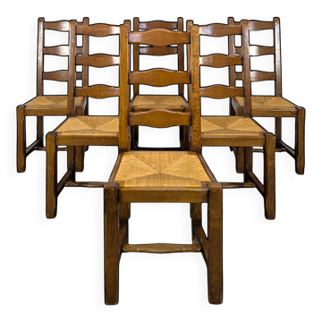 Set of 6 rustic oak straw chairs
