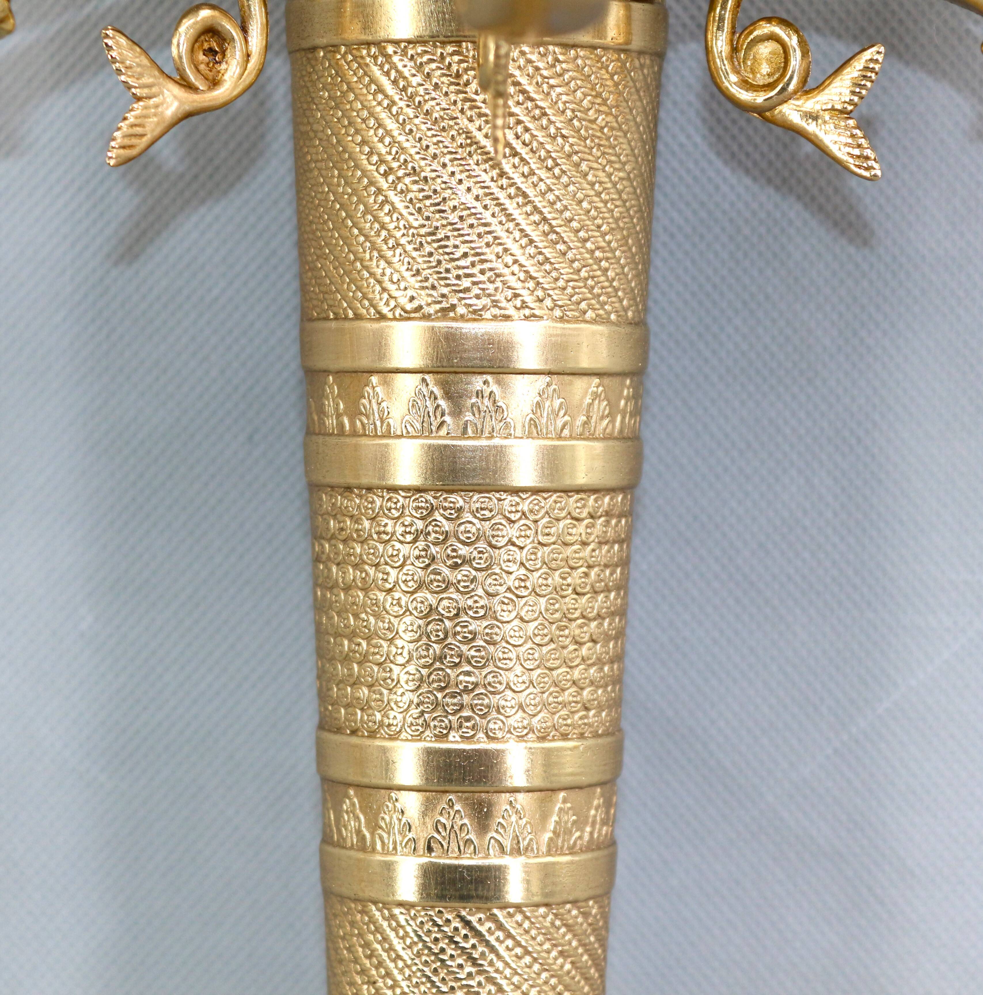 Large pair of Napoleonic gilt bronze empire style wall lights with three candles