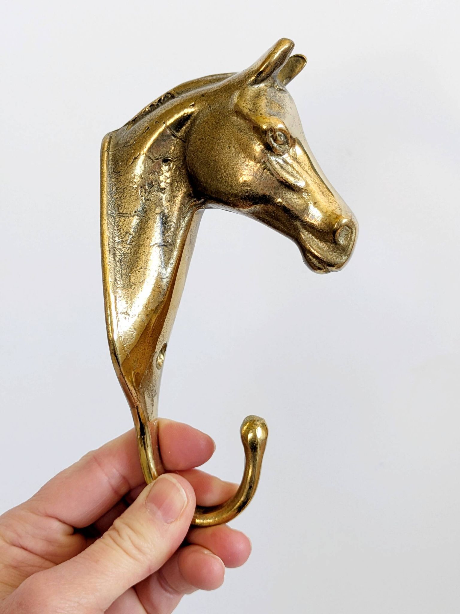 Set of 3 brass wall hooks horse head vintage coat hangers