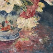 Bouquet d’œillets en vase bleu et blanc, signée