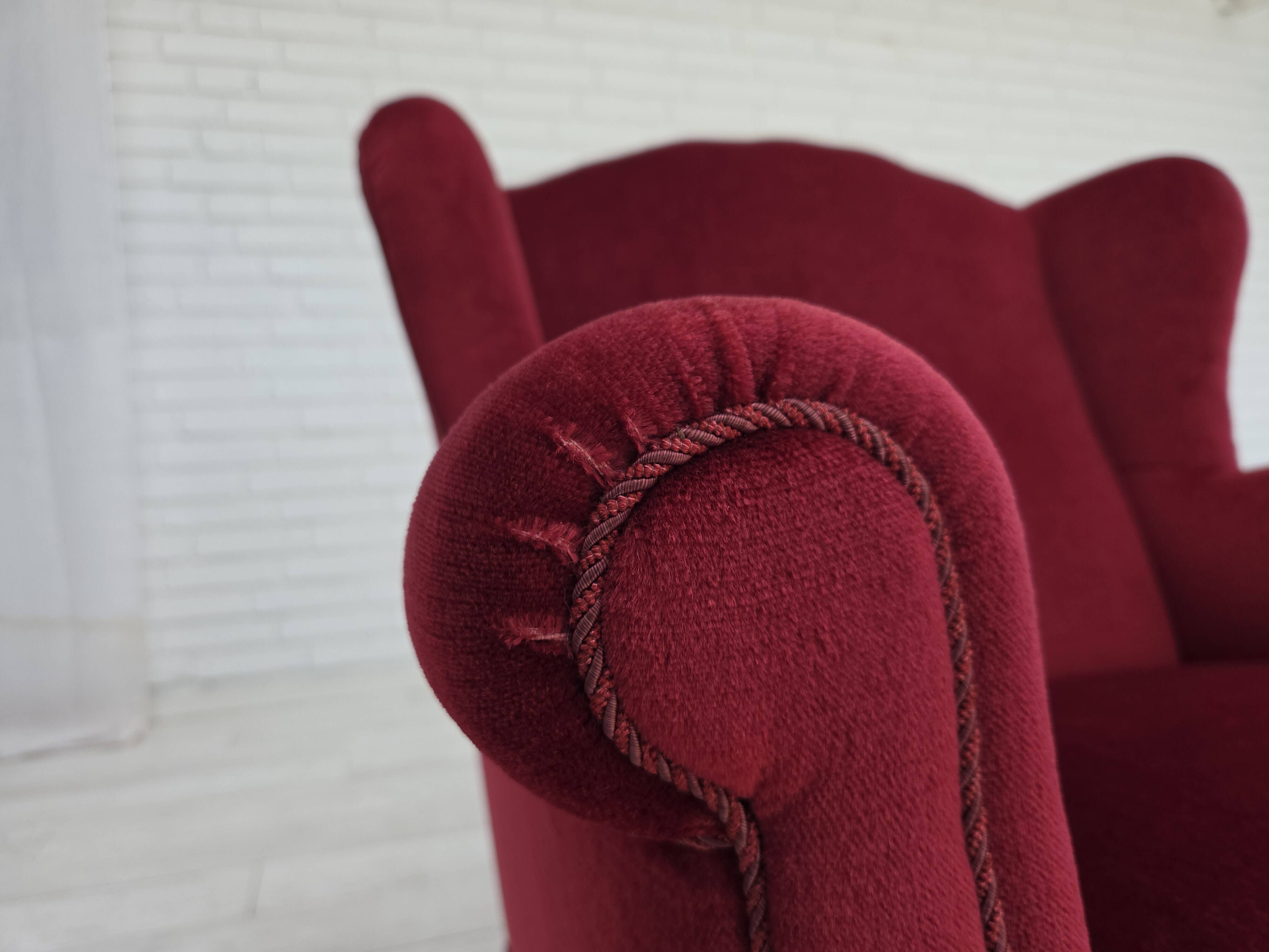 1960s, Danish armchair, red furniture velour, beech wood legs.