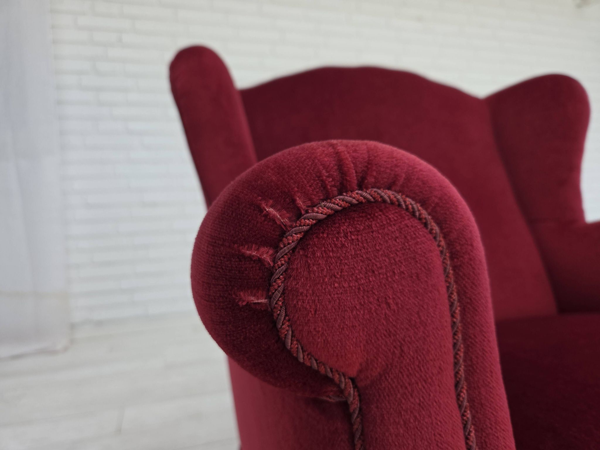 1960s, Danish armchair, red furniture velour, beech wood legs.