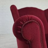 1960s, Danish armchair, red furniture velour, beech wood legs.