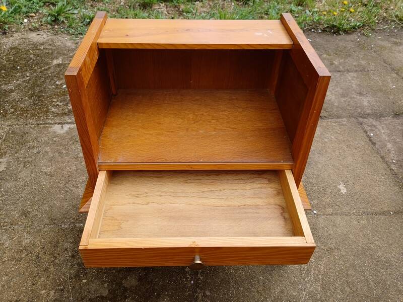 Solid pitch pine bedside table with vintage splayed legs.