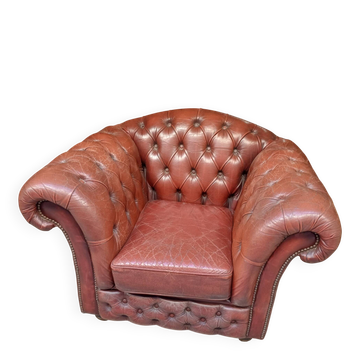 Authentique Fauteuil Chesterfield Vintage en Cuir bordeaux