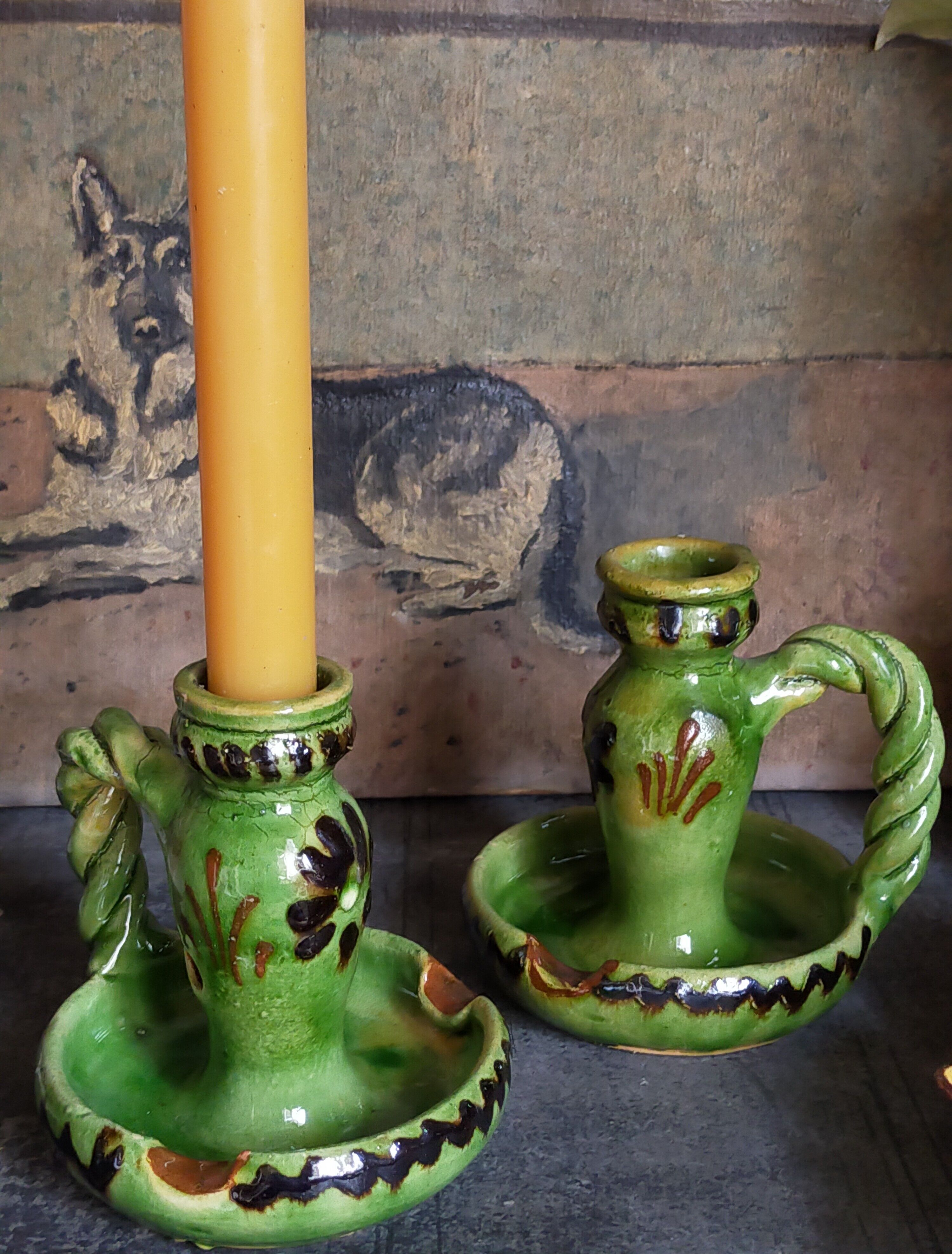 Duo of vintage potter's ceramic candle holders Regional Folk Art