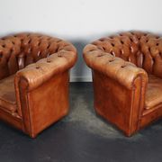 Set of 2 vintage chesterfield club armchairs in cognac leather, Netherlands,