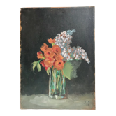 Tableau huile sur toile nature morte bouquet signé vintage