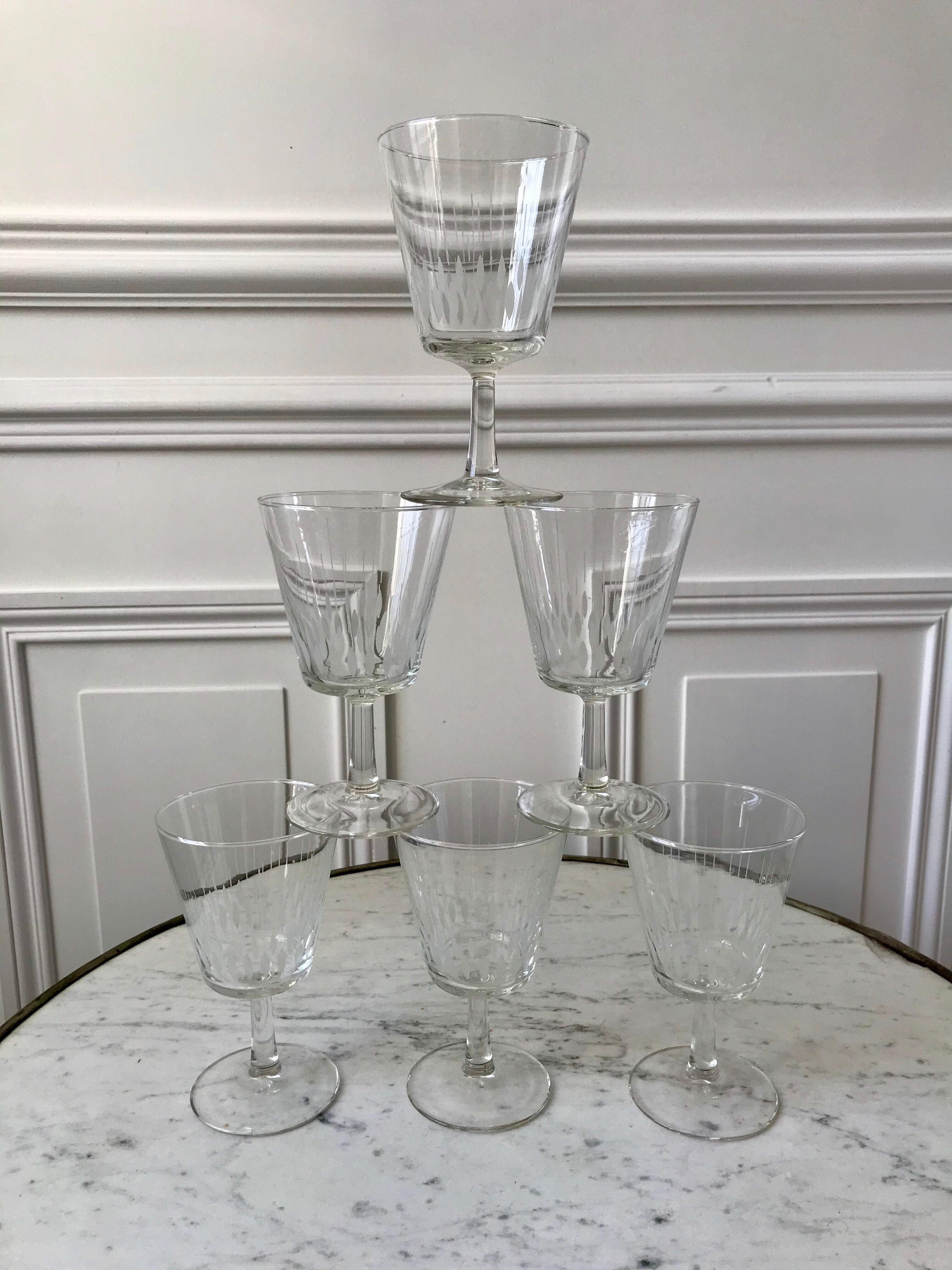 Set of 6 large crystalline glass wine glasses 50-60s