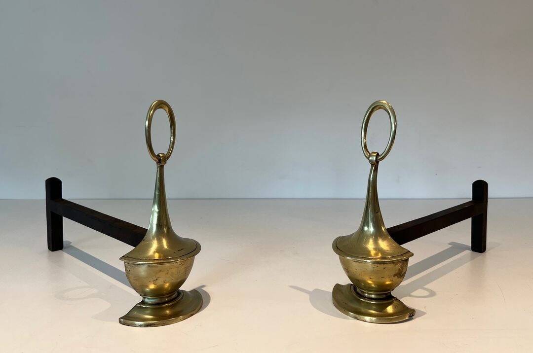 Pair of Bronze Chenets in Neoclassical Style in the Form of an Oil Lamp