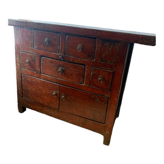 Wooden sideboard 2 doors 5 drawers lacquered red and lacquered gum