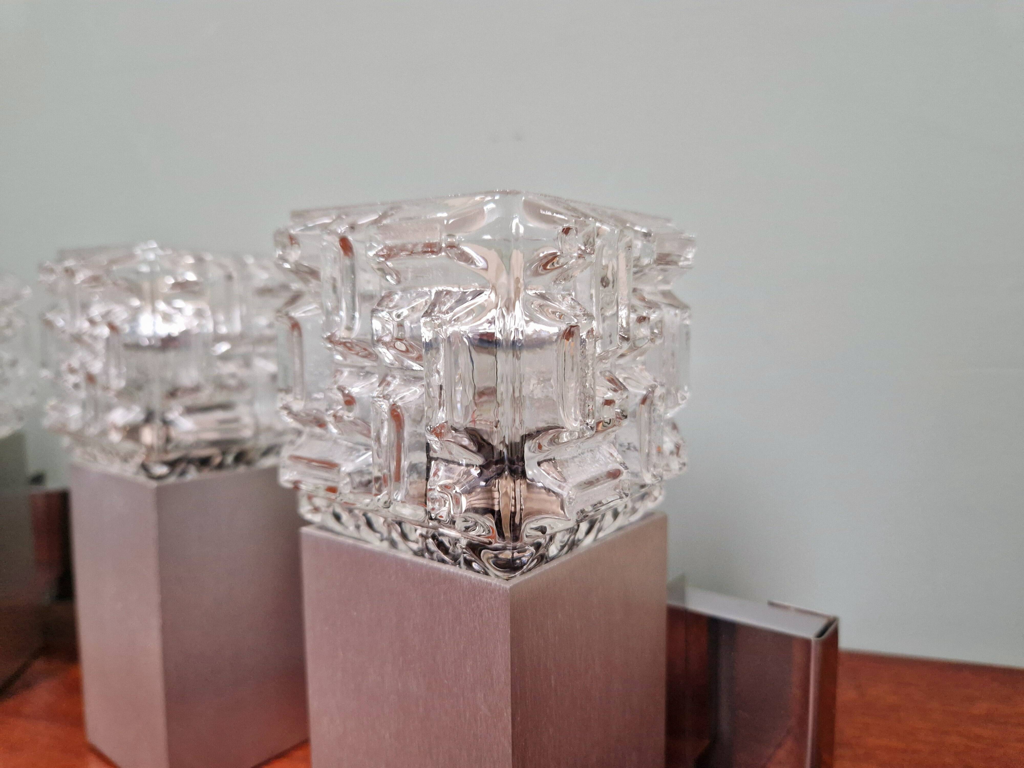 Pair of brushed aluminum and crystal wall lights, 1970s