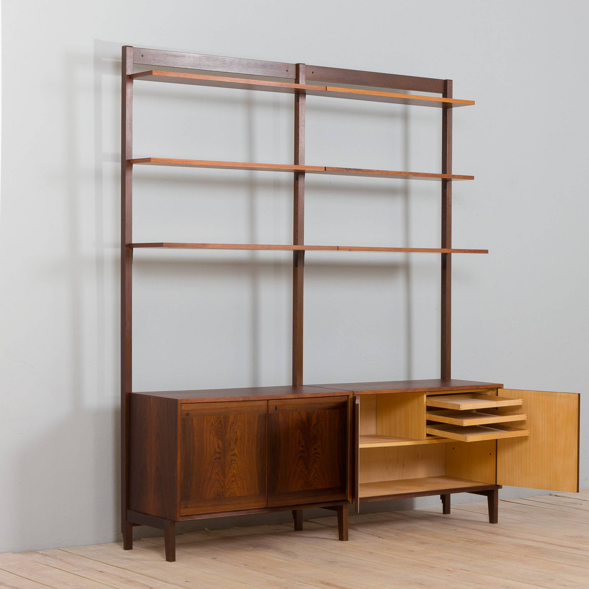 Scandinavian two bay rosewood free-standing wall unit