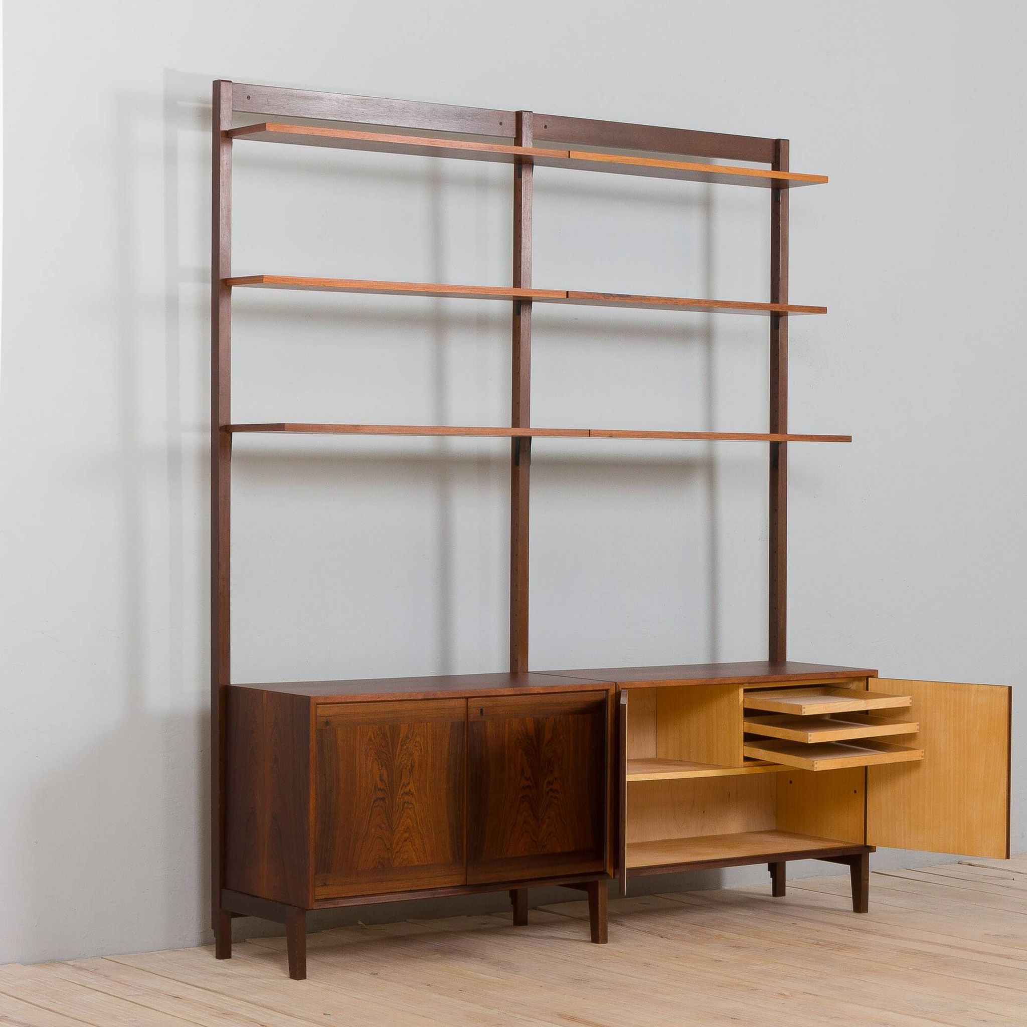 Scandinavian two bay rosewood free-standing wall unit