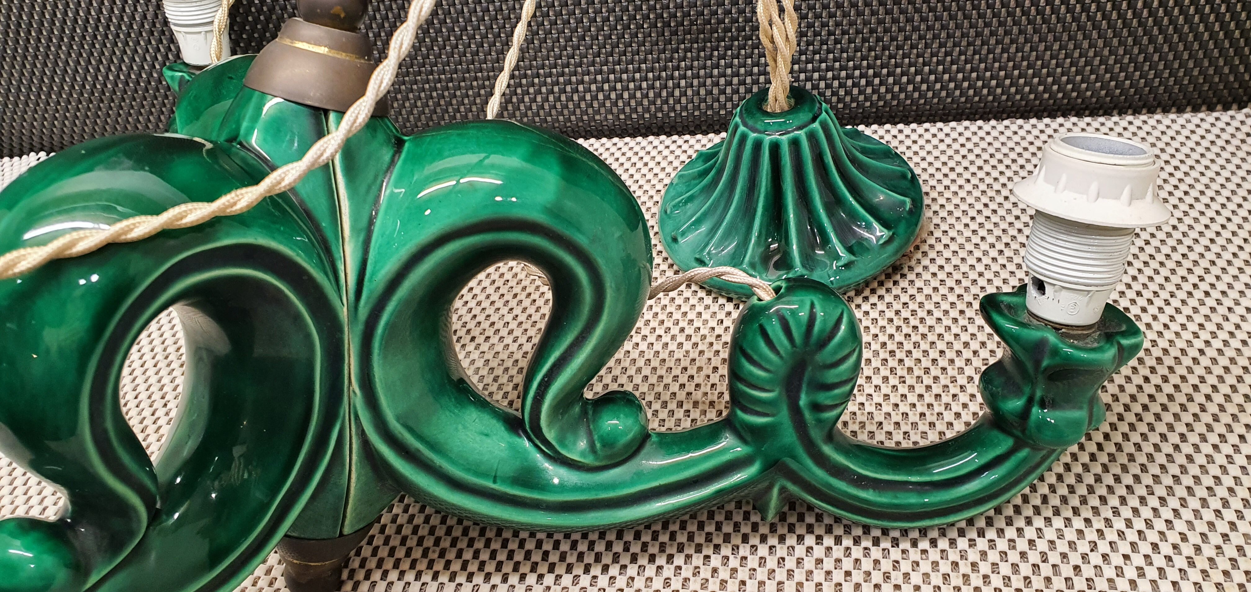 Chandelier 3 arms ceramic green art deco