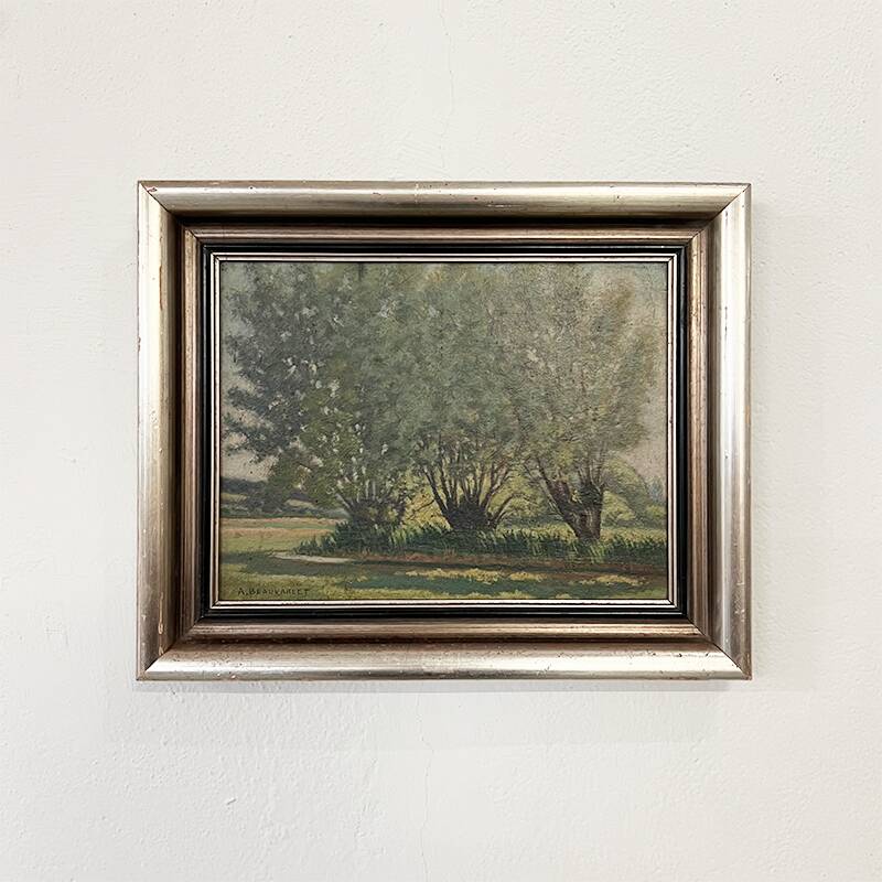 Painting "Trees on the edge of a pond", A.Beauvarlet, Oil on wood