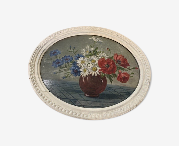 Tableau ancien bouquet de fleurs anémones encadré et signé Ch. Girardin