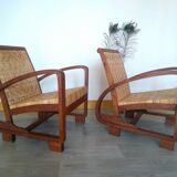 Pair of Art Deco woven rattan armchairs and table