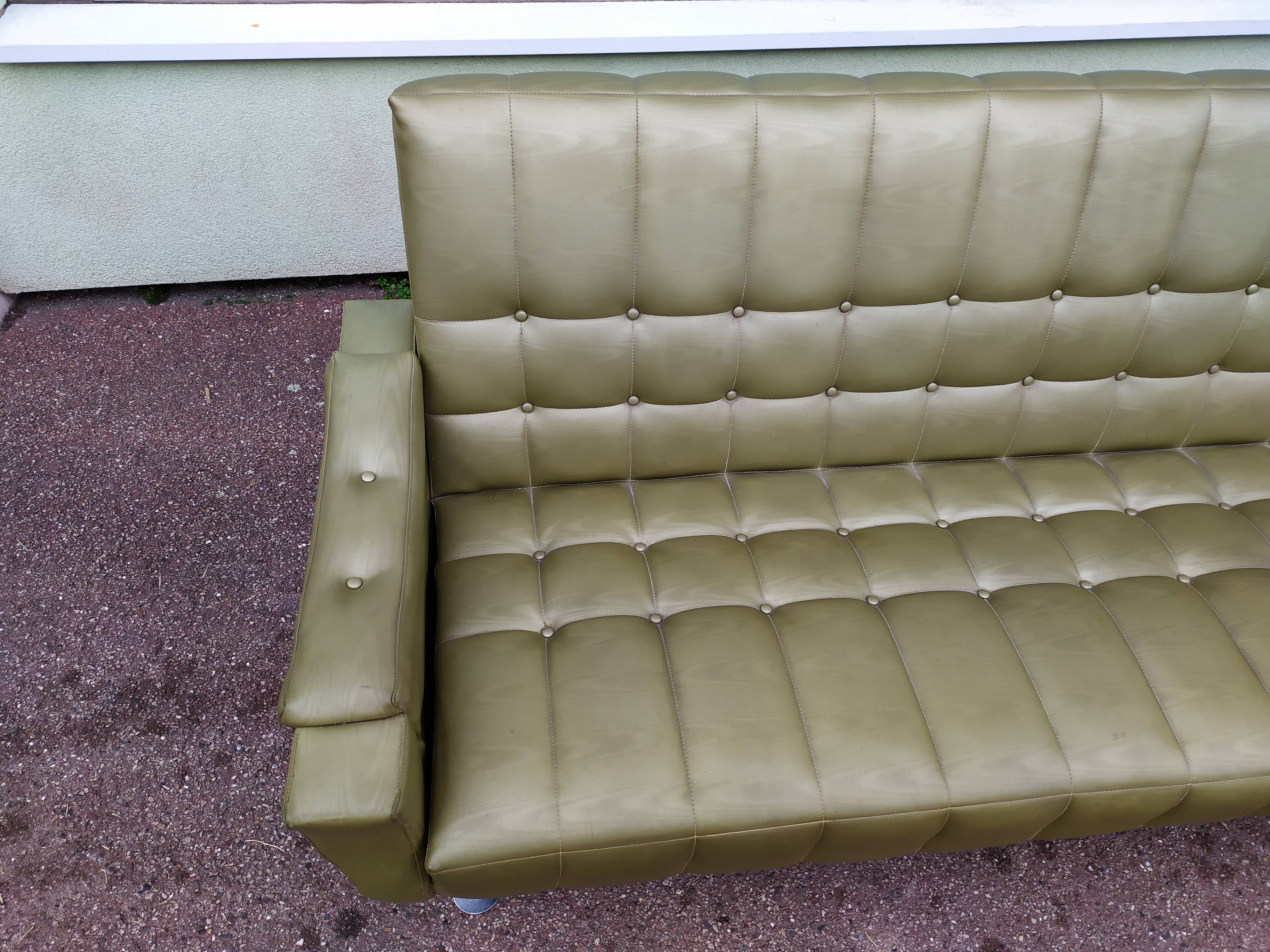 Canapé lit 3 places vintage skaï effet bois vert 1970