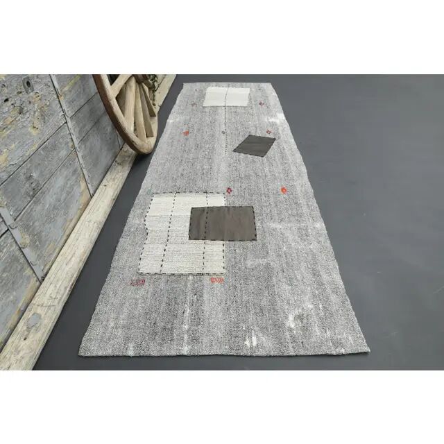 1970s Turkish Oushak handmade wool cotton gray runner 111x352